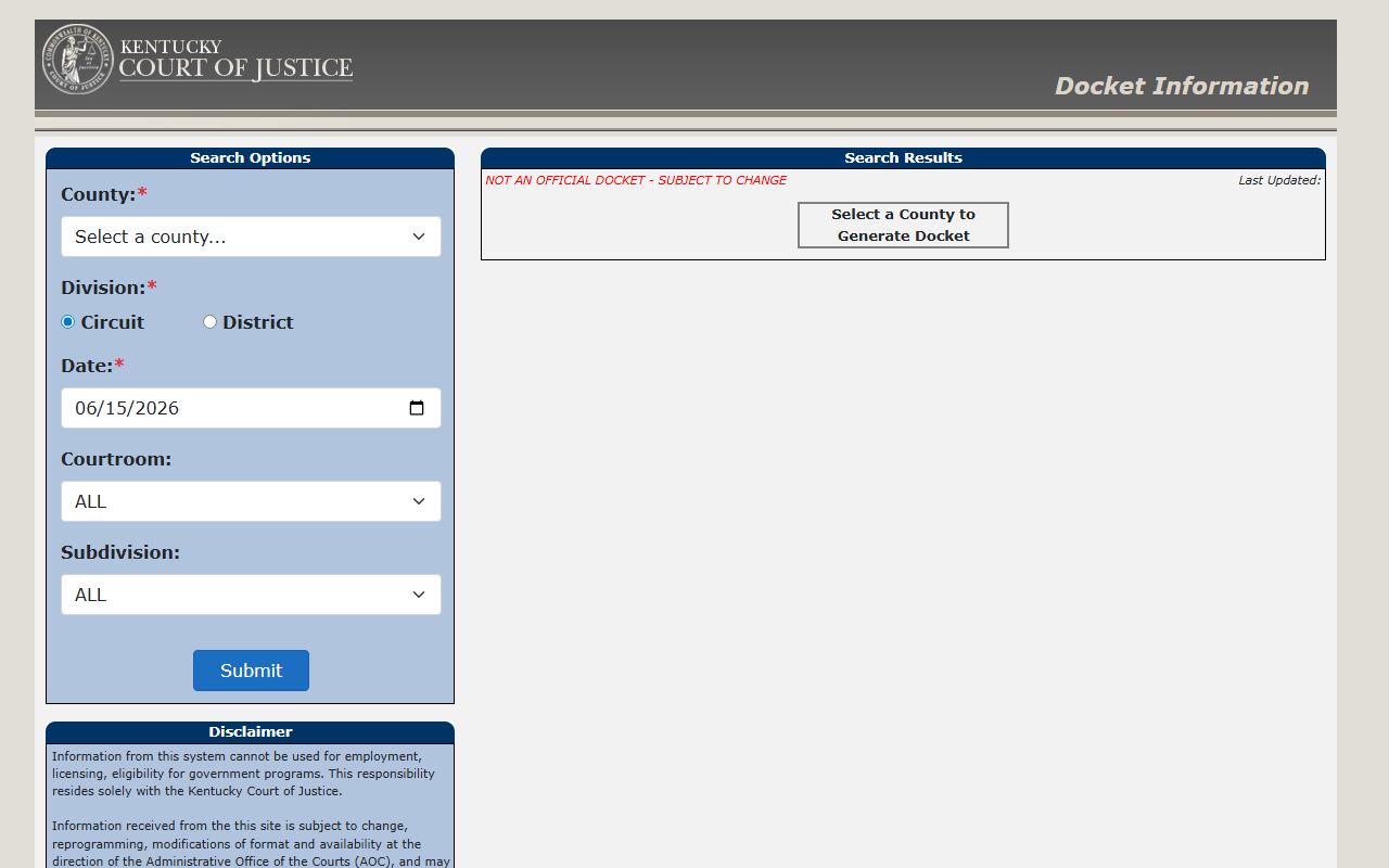 Kentucky Court of Justice docket search fields for Circuit and District Court