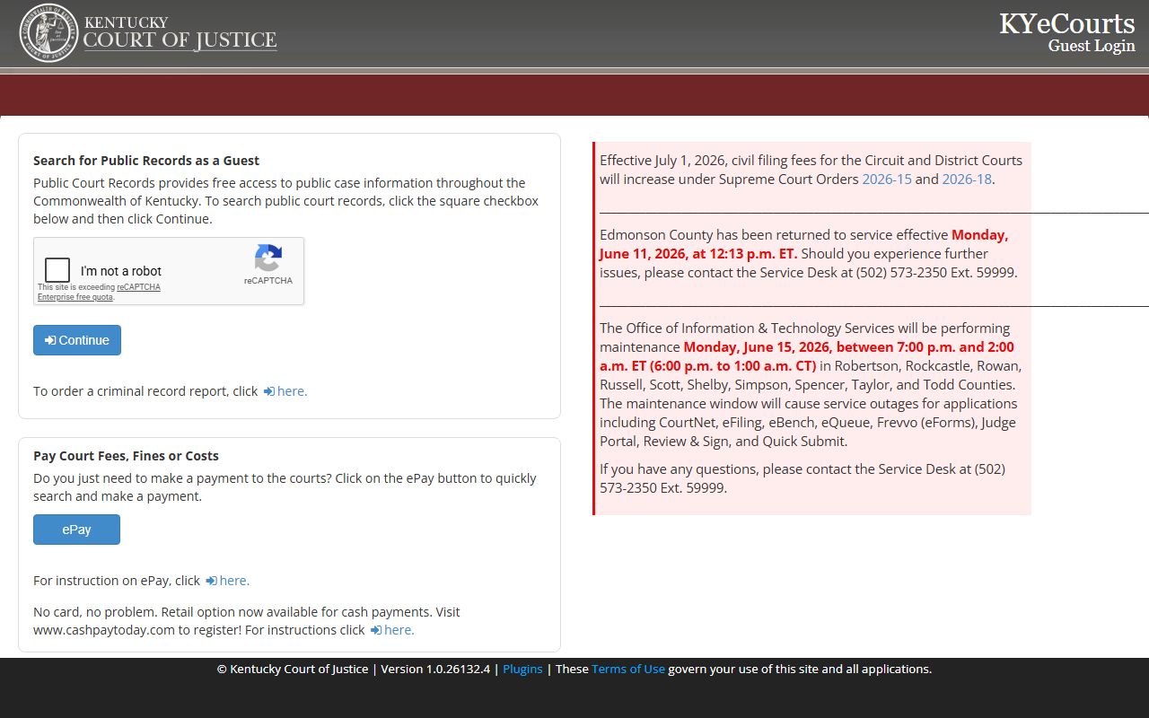 KYeCourts guest access page for Kentucky public court records