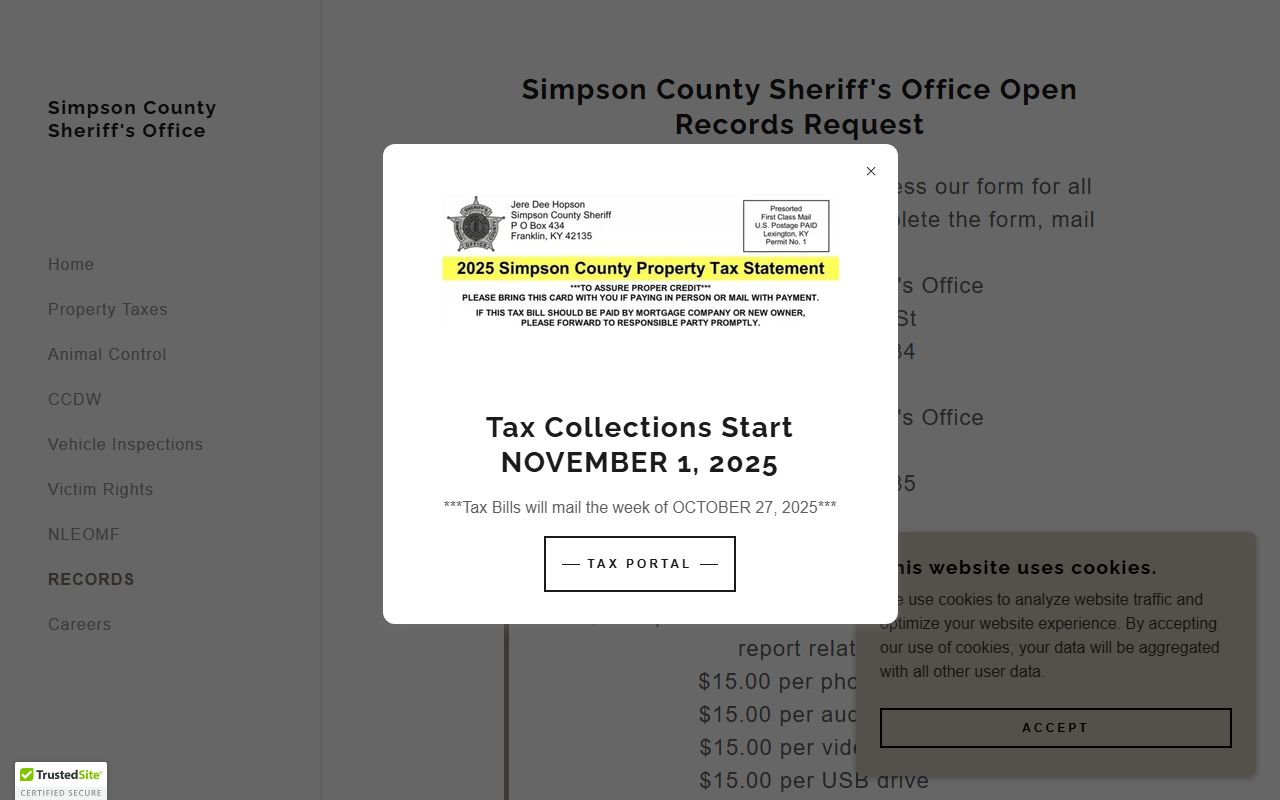 Simpson County Sheriff's Office open-records fees and mailing instructions