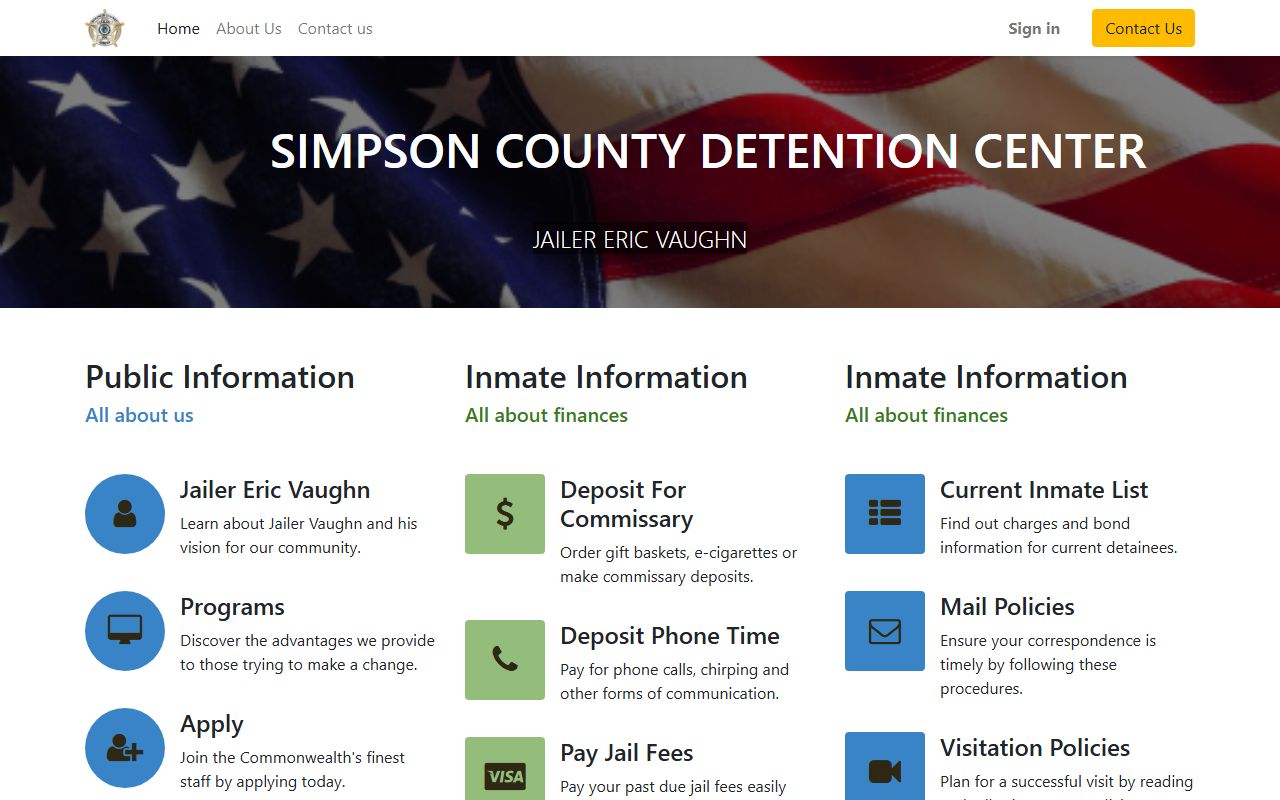 Simpson County Detention Center homepage showing current inmate access
